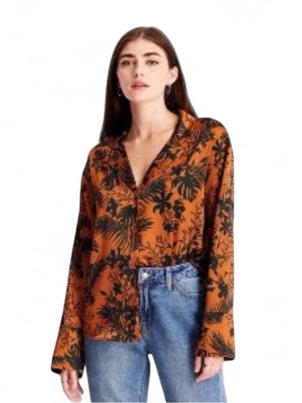 Future Collective Floral Print V-Neck Blouse in Orange and Black